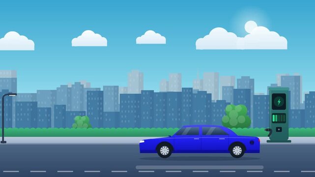 Widescreen 16:9 4K flat vector motion graphic of a red-style electric sedan driving into a city street scene with clouds drifting steadily across the.