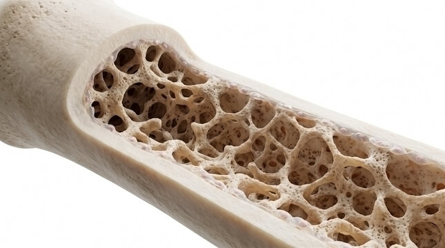 Close up view of the porous internal structure of human bone marrow inside a femur shaft with cancellous trabecular