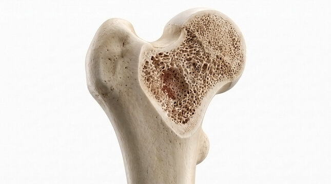 Sectioned human femur head exhibiting spongy bone tissue and marrow cavity in clinical environment with femoral trabecular