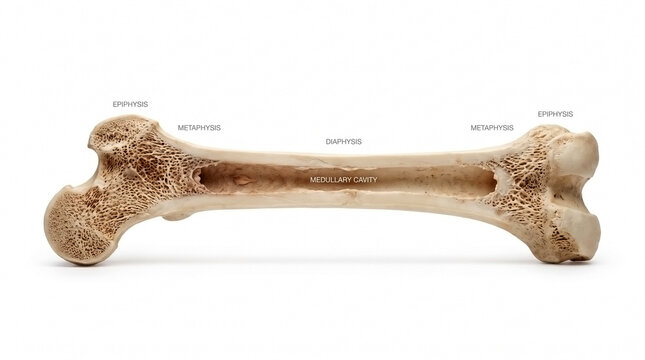 Longitudinal cross section of a complete femur bone with labeled anatomy sections cancellous marrow white background