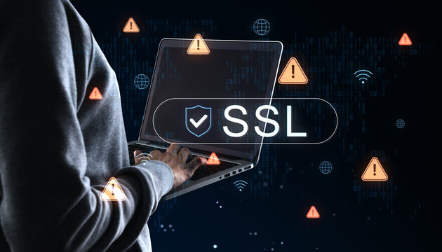 SSL security warning on laptop with cyber threat icons and dark background.