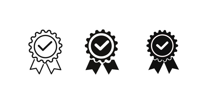 Quality Certified Badge and Approved Ribbon Solid and Line Icon Set - Guarantee Vector