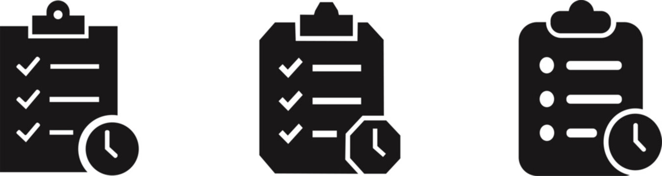 Clipboard Checklist with Clock Solid Glyph Icon Set - Task Management and Schedule Vector
