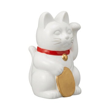 White ceramic maneki neko lucky cat with a raised paw, a red collar with a bell and a gold koban coin in its other paw, isolated on transparent background