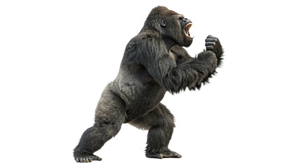 Powerful silver grey metallic gorilla robot character standing roaring fiercely mascot, isolated on transparent background. © Christopher