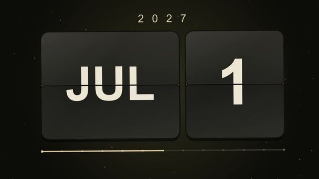 Retro split-flap calendar animation with a month panel and a date panel flipping in time lapse from January 1 to December 31, 2027, dates counting up.