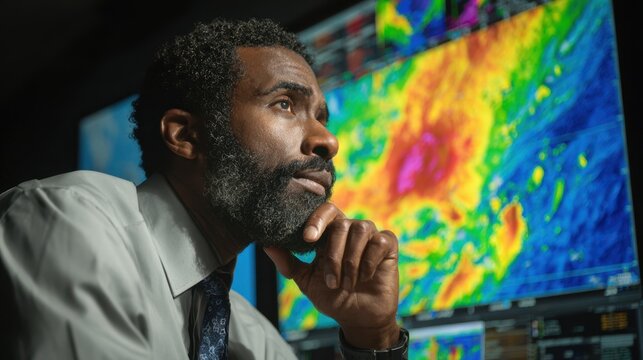 Medium shot of a control room technician analyzing realtime satellite data for aircraft tracking using advanced geostationary system displays.