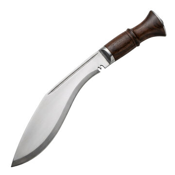 Nepalese kukri knife with a curved steel blade, a metal bolster and a dark carved wooden handle, a traditional Gurkha tool, isolated on transparent background