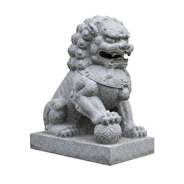 Grey stone foo dog guardian lion seated on a square granite plinth with a curly mane and one paw resting on a ball, isolated on transparent background