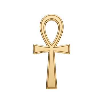 Gilded Egyptian ankh cross, a gold polished symbol of life with a looped top and a flat vertical stem, isolated on transparent background