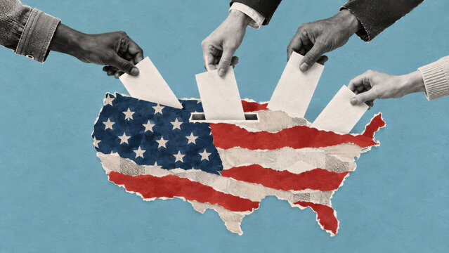 Diverse hands casting paper ballots into a slot in a torn American flag map of the USA. US midterm elections, voter turnout and democracy collage