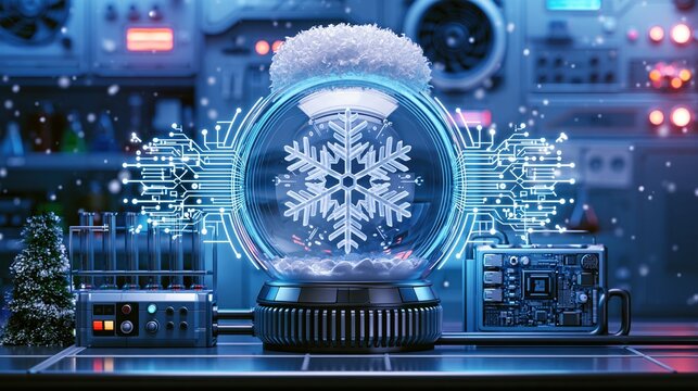 Futuristic winter snow globe with electronic circuit elements