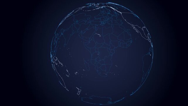 Futuristic digital globe with country's frontiers in glowing blue outlines rotating against gradient blue background, ideal for global, geography and network concepts. Seamlessly loopable video