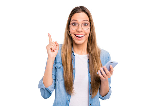 Close up photo of funny funky intelligent genius clever lady raising forefinger up isolated grey background