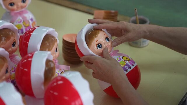 Worker hand painting facial details on a retro roly poly doll in a toy workshop