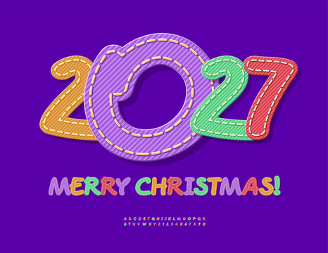 Vector Children Wish Card Merry Christmas 2027! Trendy Denim style Font. Bright Colorful set of Artistic Kids Alphabet Letters and Numbers.