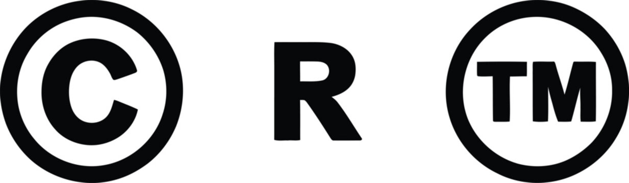 Copyright symbol with registered trademark symbol and trademark symbol on white background