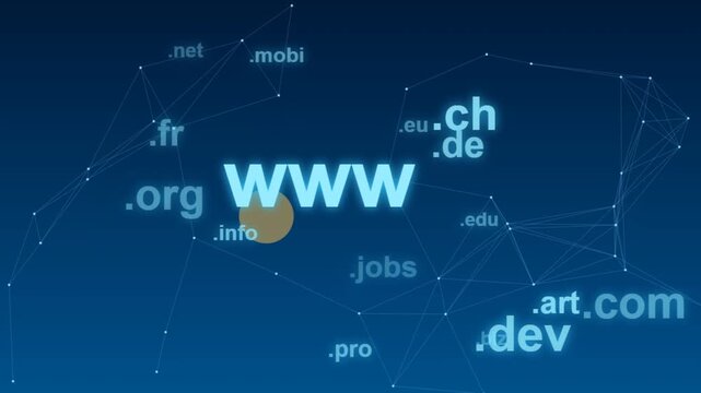 Glowing internet domain extensions floating around a central www symbol inside a futuristic blue network background