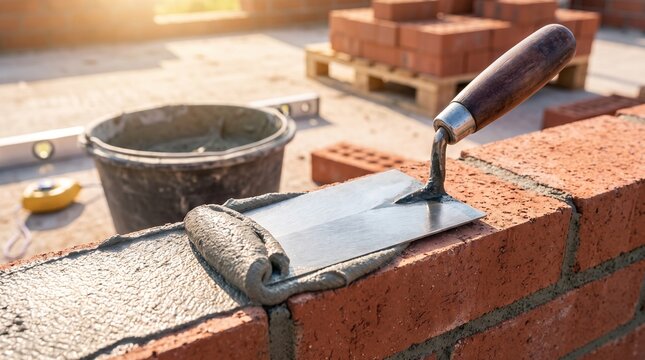 Bricklayer trowel resting on freshly laid bricks at construction site  