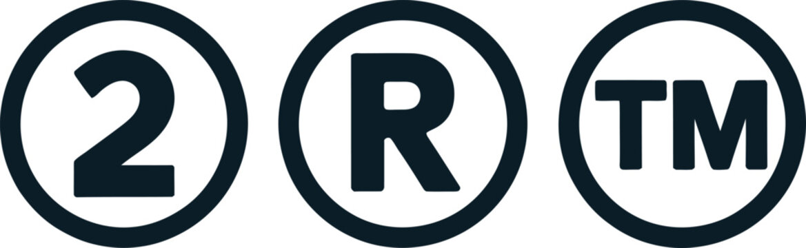 Three circular icons with registration and trademark symbols in stark white against a black background