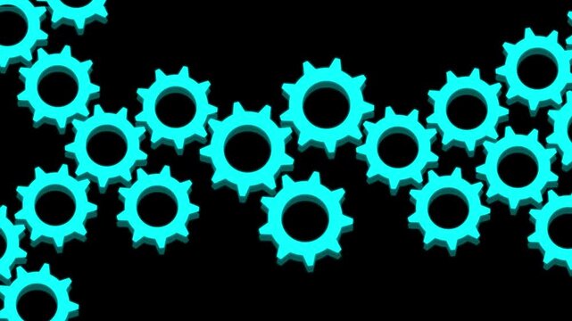 Cyan gear wheels rotating on black background, mechanical engineering concept, industrial automation and technology motion loop