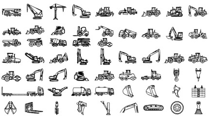 Heavy Construction Equipment and Earthmoving Machinery Outline Icon Set © Saakandar