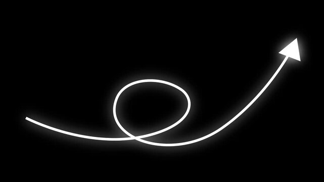 Animated white arrow loop line motion video design element on black background. Hand drawn curved pointer growth graphic with glow effect. Perfect for infographic, intro, and presentation projects.
