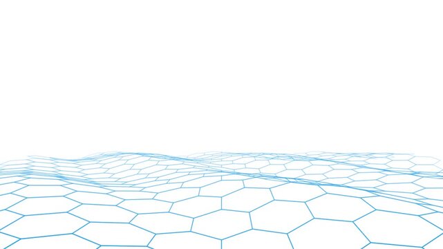 Blue digital hexagonal grid waves moving continuously across a clean white minimalist futuristic technology background