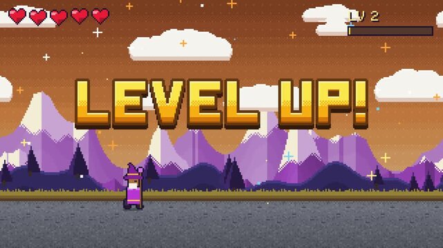 Animated 16-bit pixel art arcade screen with a glowing Level Up text banner, parallax snowy mountain landscape, floating hearts HUD and a small hero w.