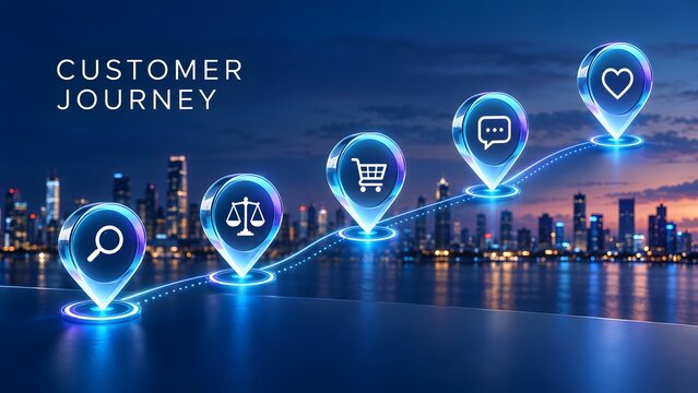 Glowing customer journey pin icons ascending against twilight city skyline illustrating buyer stages from search to brand advocacy