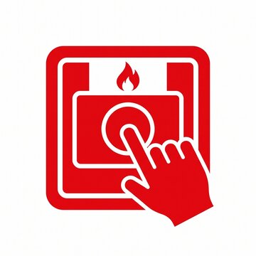 Red fire alarm button with hand pressing icon
