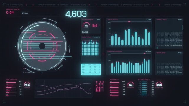 Cyan and pink hud dashboard technology background  animation for scifi user interface design. It features modern neon glowing data charts. Ideal for high tech video overlays.