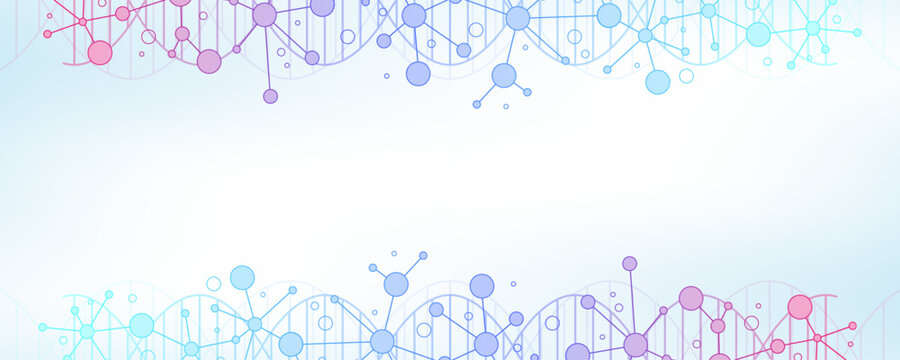 Colorful molecules background. DNA helix, DNA strand, DNA Test. Molecule or atom, neurons. Abstract structure for science or medical background, banner. Scientific vector illustration.