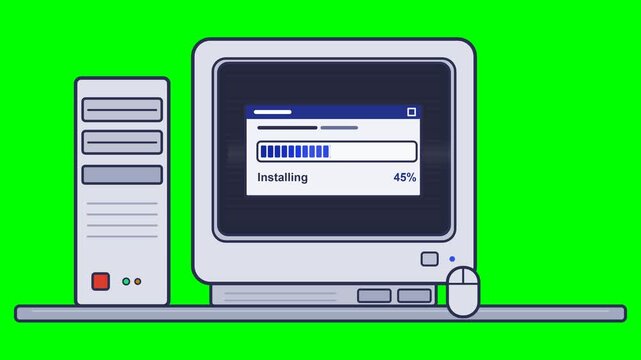 Flat 2D motion graphics of a retro desktop computer setup with a CRT monitor, tower PC, keyboard and mouse popping up one by one, then a dialog window.
