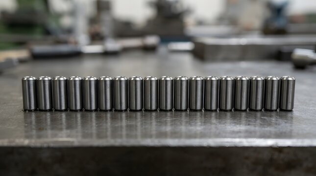 Industrial metal pins, steel dowel pins aligned in a row on a workshop workbench, manufacturing hardware components, mechanical engineering parts