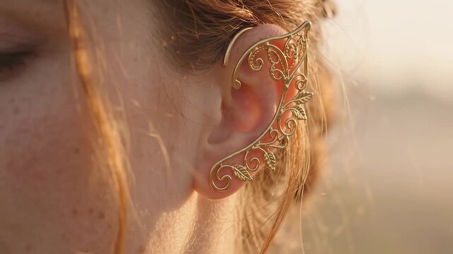 Woman Wearing Ornate Gold Filigree Elf Ear Cuff Jewelry in Golden Morning Mist Close Up