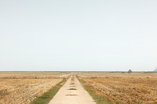 Long Dirt Road Through Dry Harvest Fields Leading To Distant Pillbox Under Pale Sky