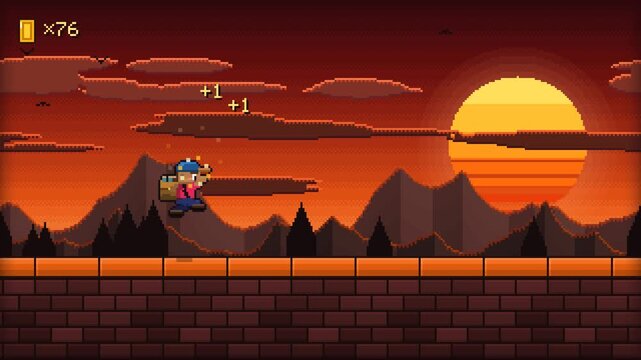 Animated 16-bit pixel art side scroller scene with a small adventurer running on a brick platform at sunset. Features a striped retro sun, parallax mo.