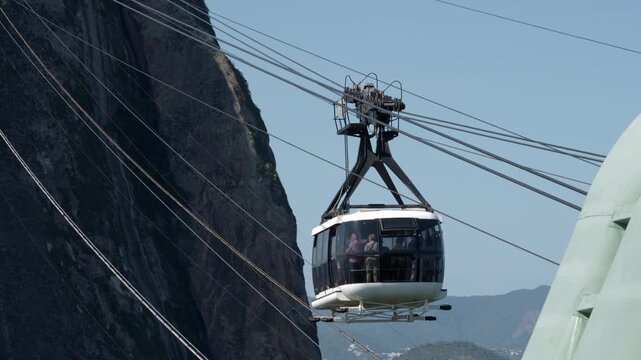 Cable car to Sugarloaf Mountain on a sunny day, Rio de Janeiro, Brazil.	