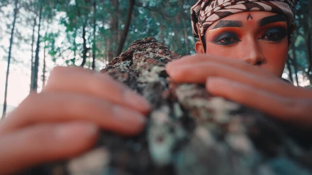 Javanese Dancer Peering Over Tree Bark in Artistic Close-up