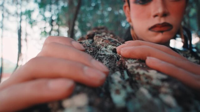 Javanese Dancer Touching Tree Bark in a Forest