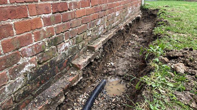 Excavated trench along red brick house wall exposing old foundation with black corrugated drainage pipe gravel and muddy water during waterproofing and foundation repair work