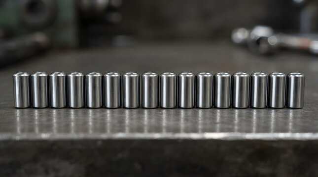 Industrial metal pins aligned neatly on a workbench, precision steel dowel pins in a workshop, manufacturing components and machine parts for engineering