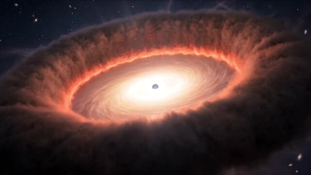 活動銀河核クエーサーの降着円盤とダストトーラスが深宇宙で輝く天体CG