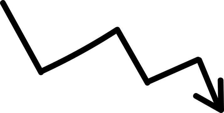Single black hand-drawn sketchy doodle downward pointing arrow line graph symbol isolated on transparant background
