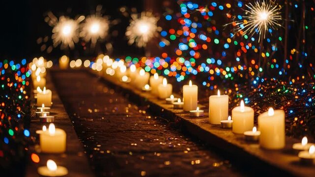 Row of burning candles illuminates a dark path during Dussehra. Festive celebration with bright sparklers and fairy lights at night. Spiritual holiday lighting.