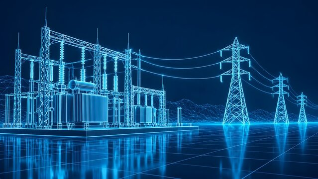 Glowing blue wireframe electrical substation and high voltage transmission towers on a digital grid representing smart energy infrastructure