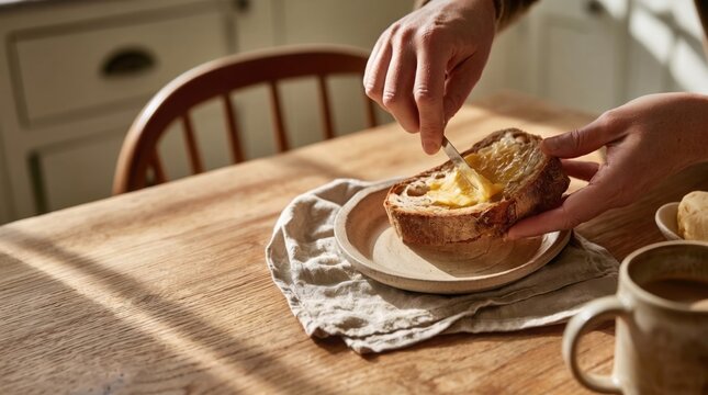 Hands Spreading Butter on Slice of Rustic Bread at Wooden Kitchen Table