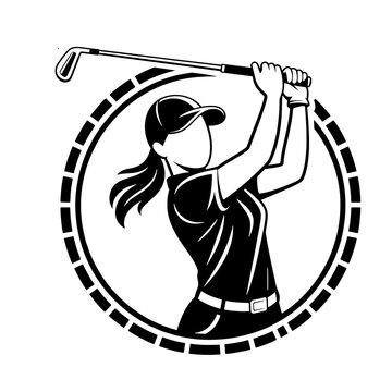 High energy black and white vector silhouette of a female golfer in full follow-through swing position set inside a circular frame. Excellent for golf course branding, ladies golf club logos