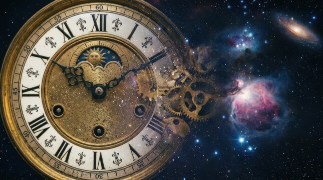 Vintage clock face with cosmic gears and nebula background